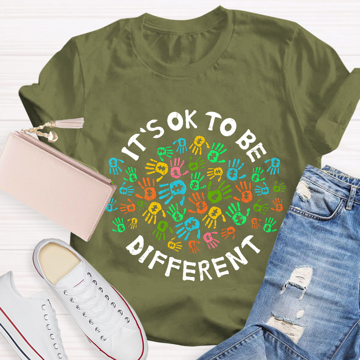 It'S Ok To Be Different Colorful Hands Teacher T-Shirt
