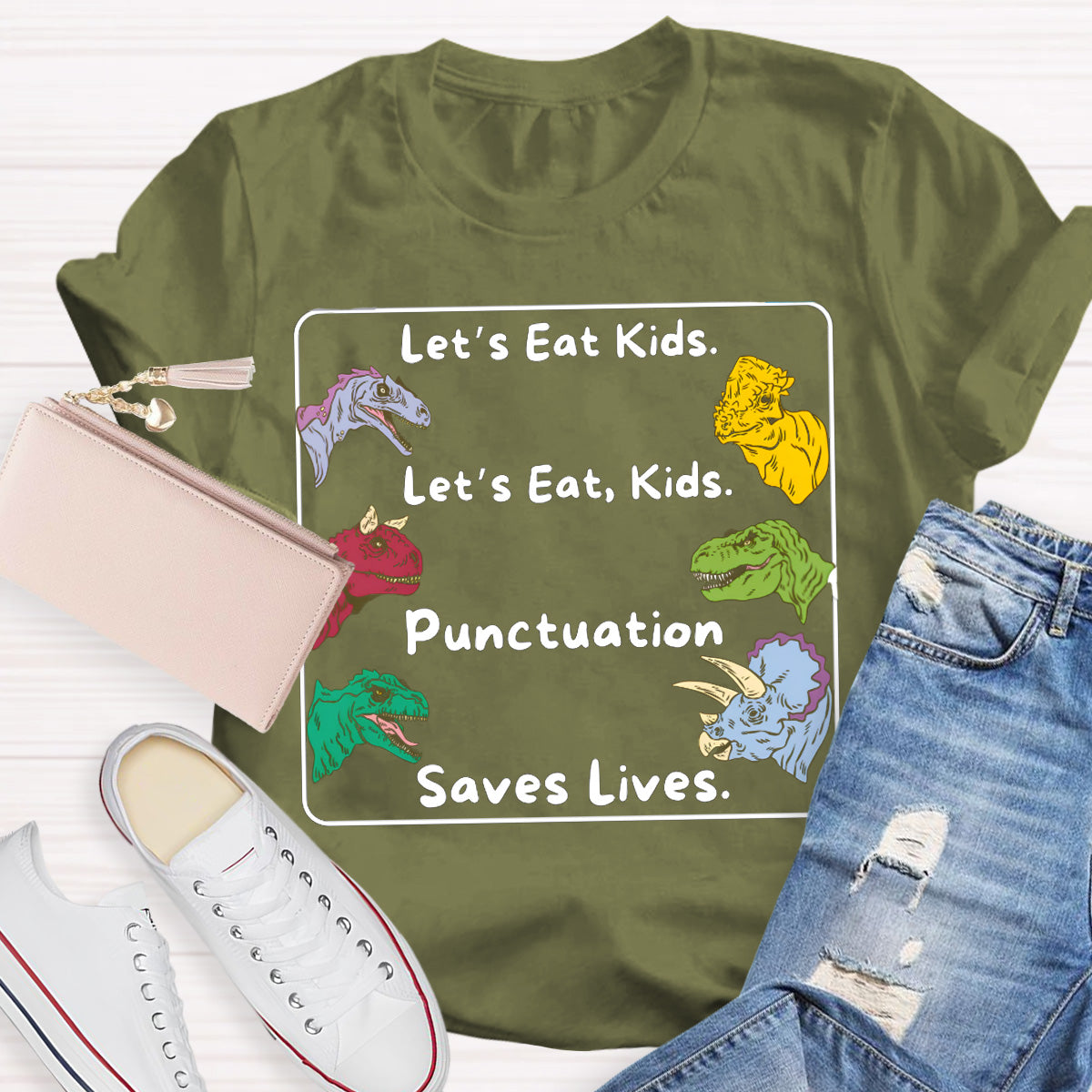 Let's Eat Kids Colored Dinosaur Teacher T-Shirt