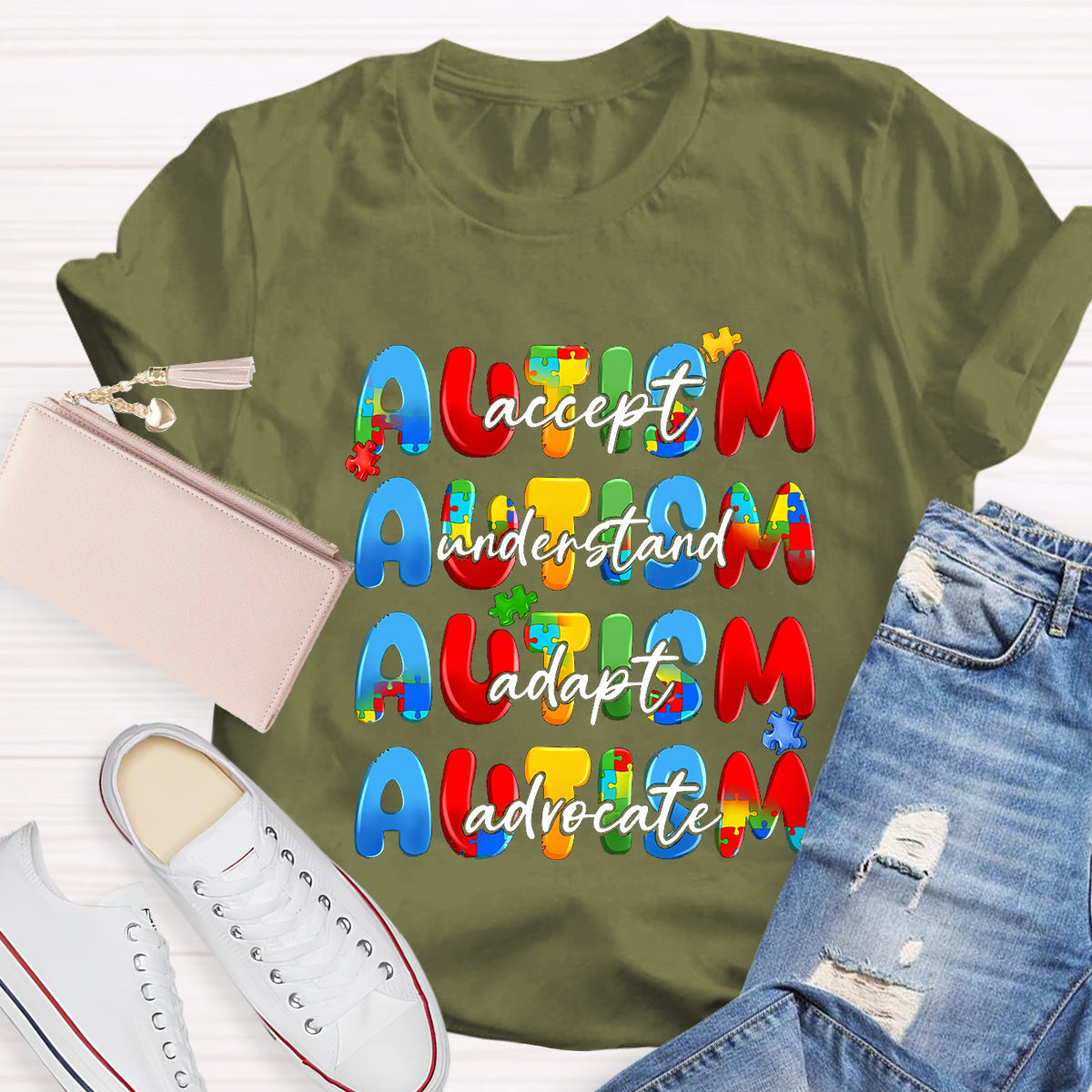 Autism Accept Advocate Adapt Teacher T-Shirt