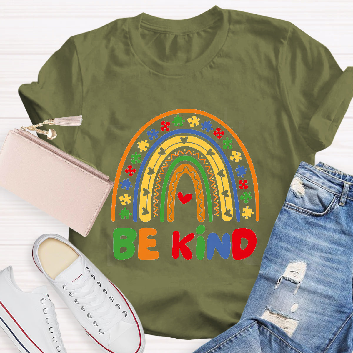 Be Kind Rainbow Autism Puzzle Pieces Teacher T-Shirt