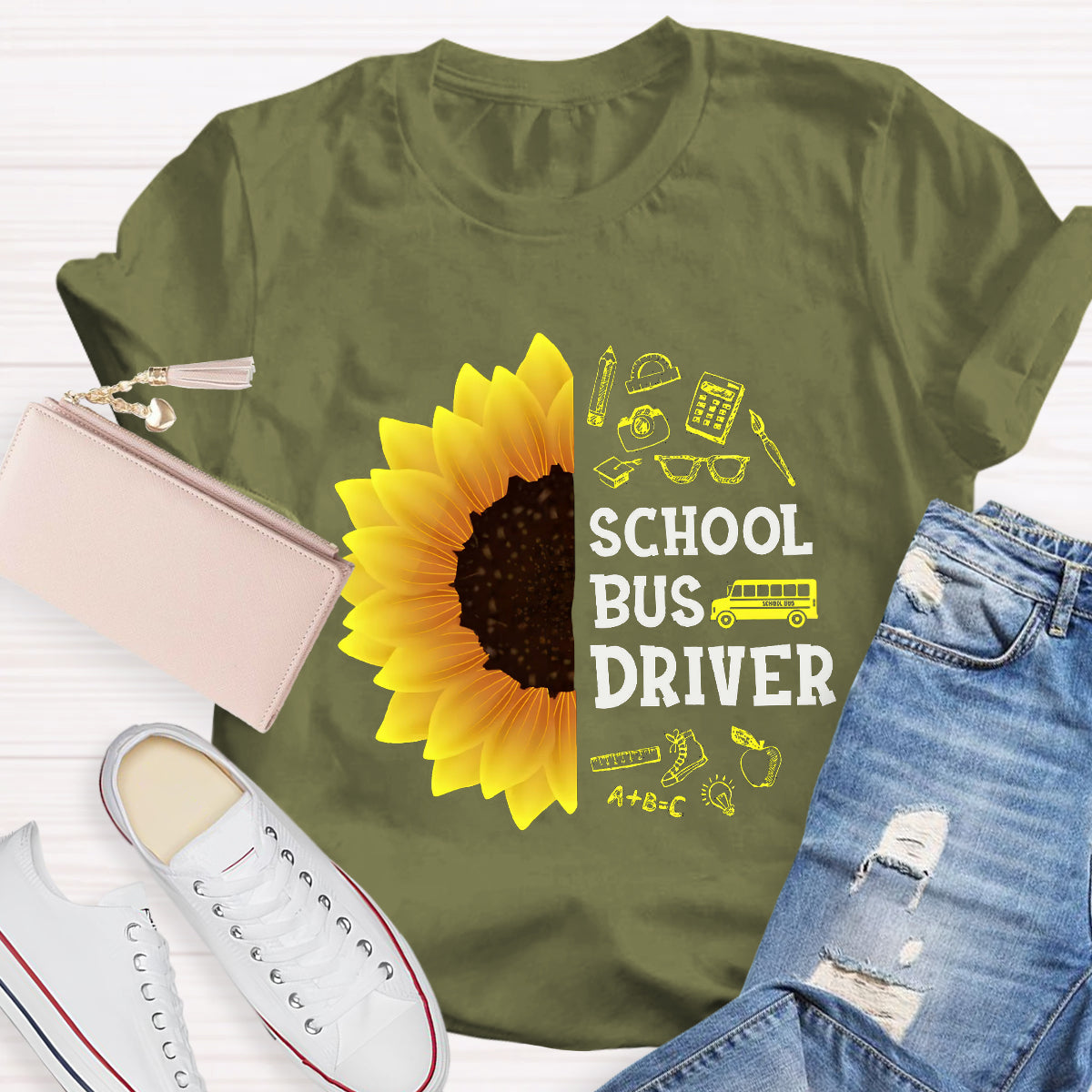 School Bus Driver Sunflower Teacher T-Shirt