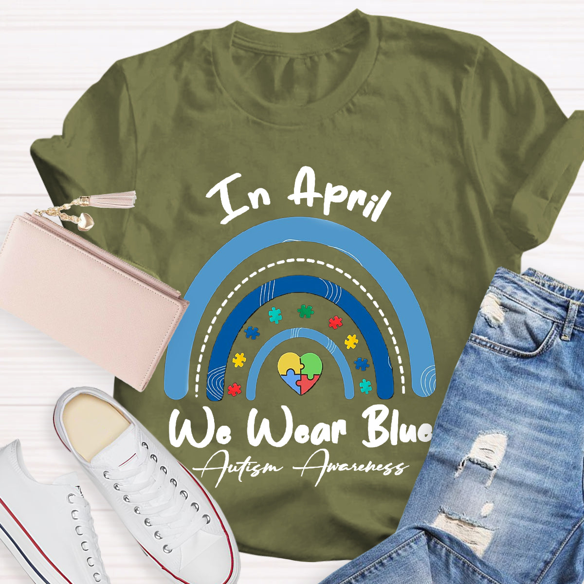 In April We Wear Blue Rainbow Teacher T-Shirt