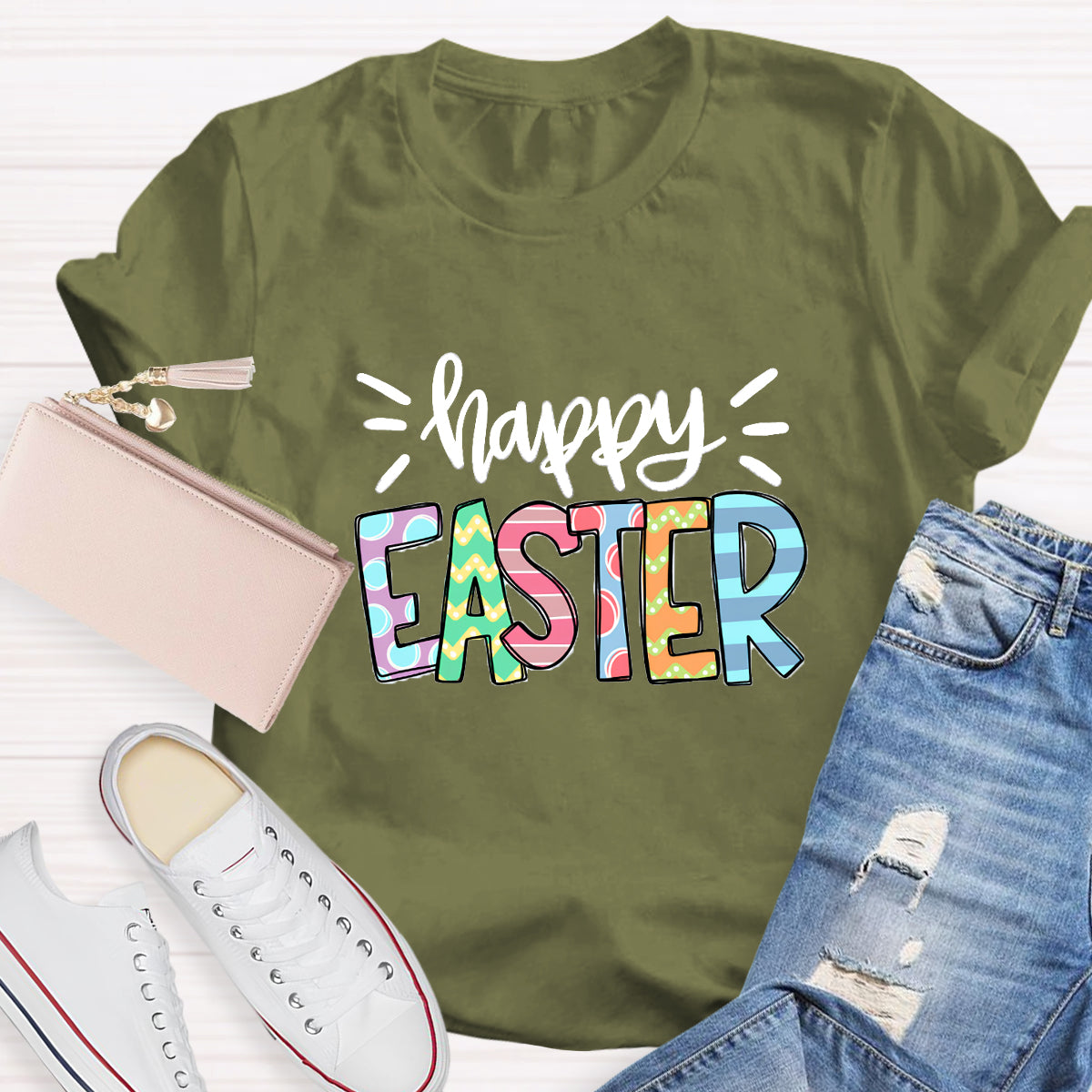 Happy Easter Colorful Printed Teacher T-Shirt