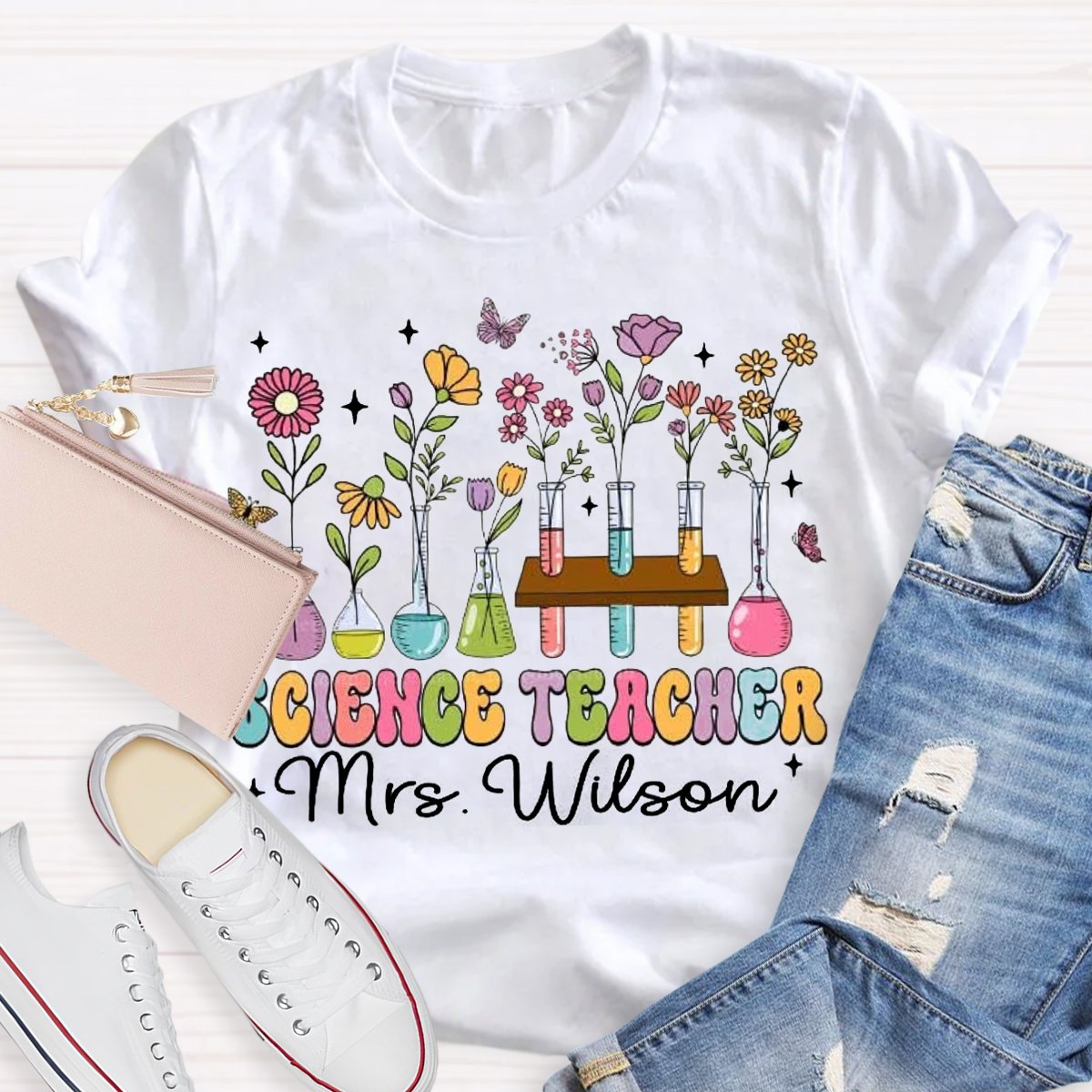 Personalized Science Teacher Name Tubes And Flowers Teacher T-Shirt