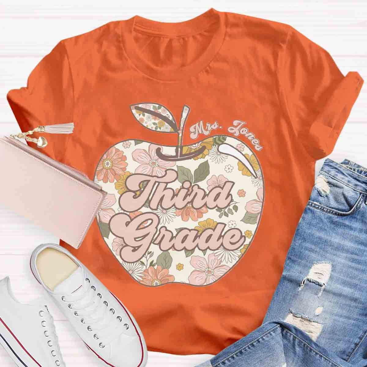 Personalized Grade And Name Apple Floral Teacher T-Shirt