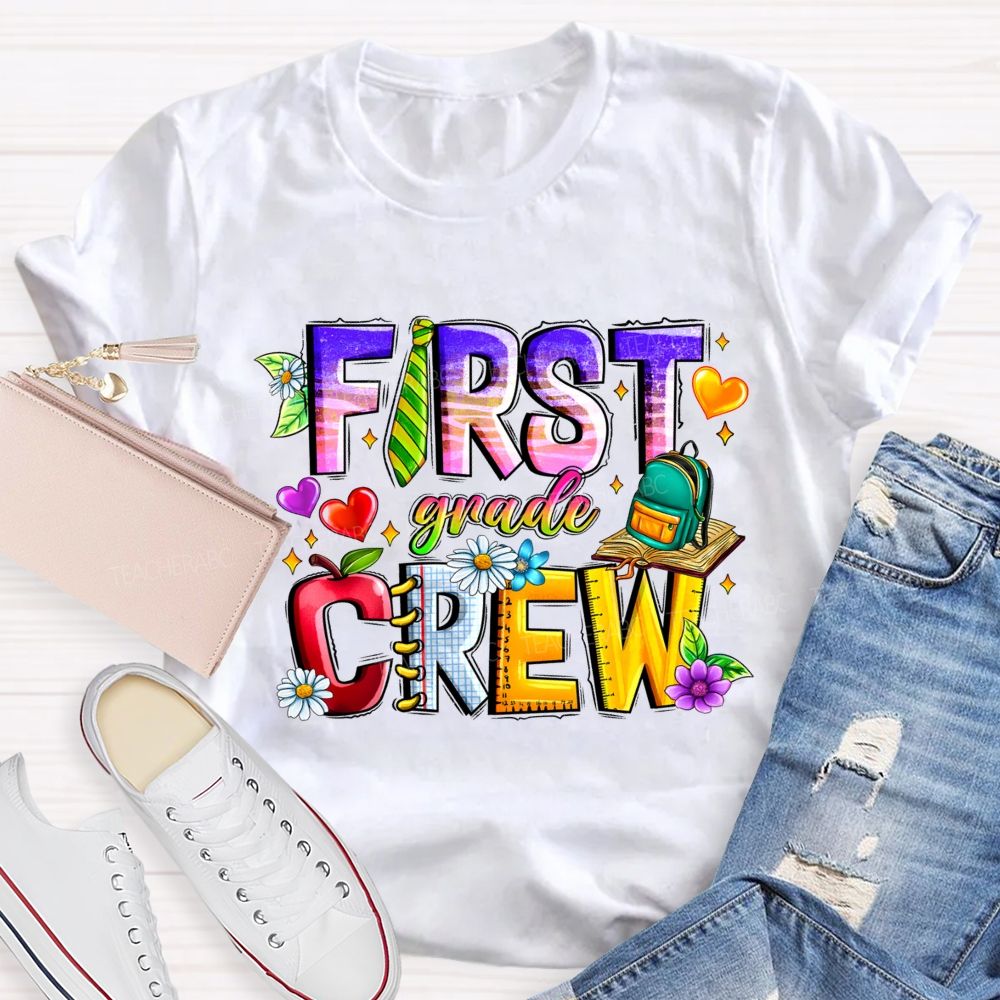 Personalized Grade First Grade Crew Apple Heart  Teacher T-Shirt