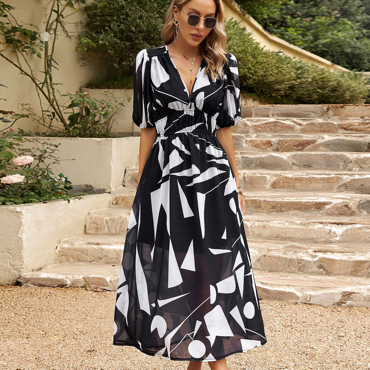 Waist-Cinching Deep V-Neck Printed Maxi Dress