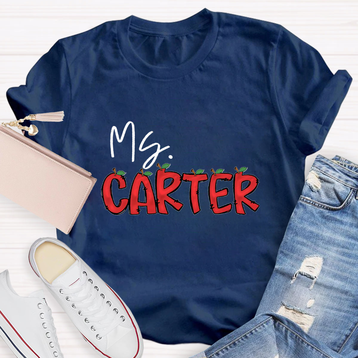 Personalized Teacher's Name Red Apple Letter  T-Shirt