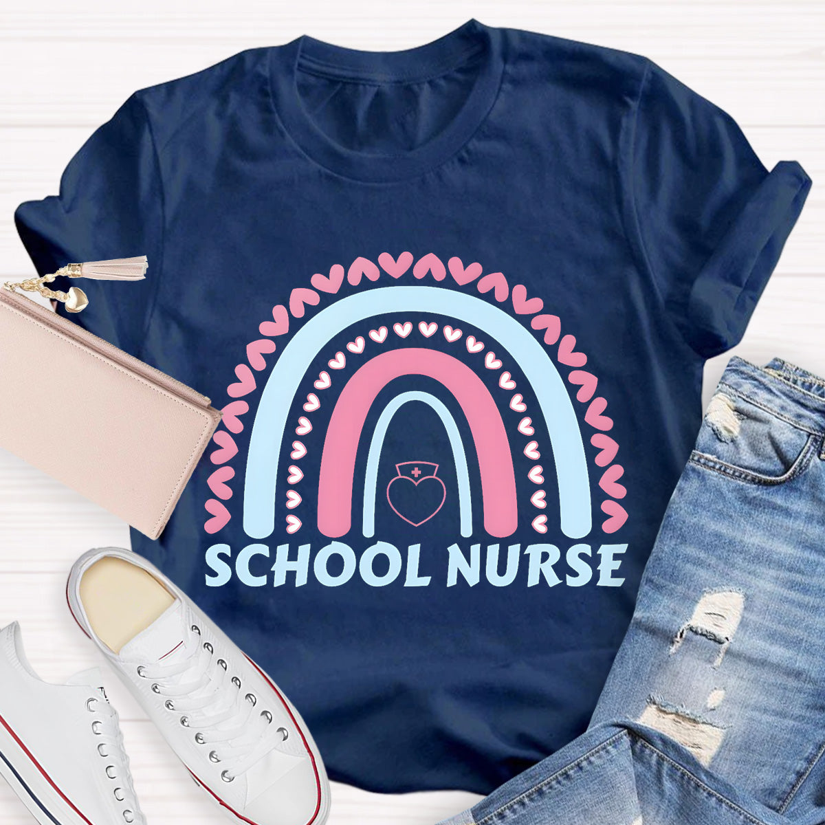 School Nurse Rainbow Pink Heart T-Shirt