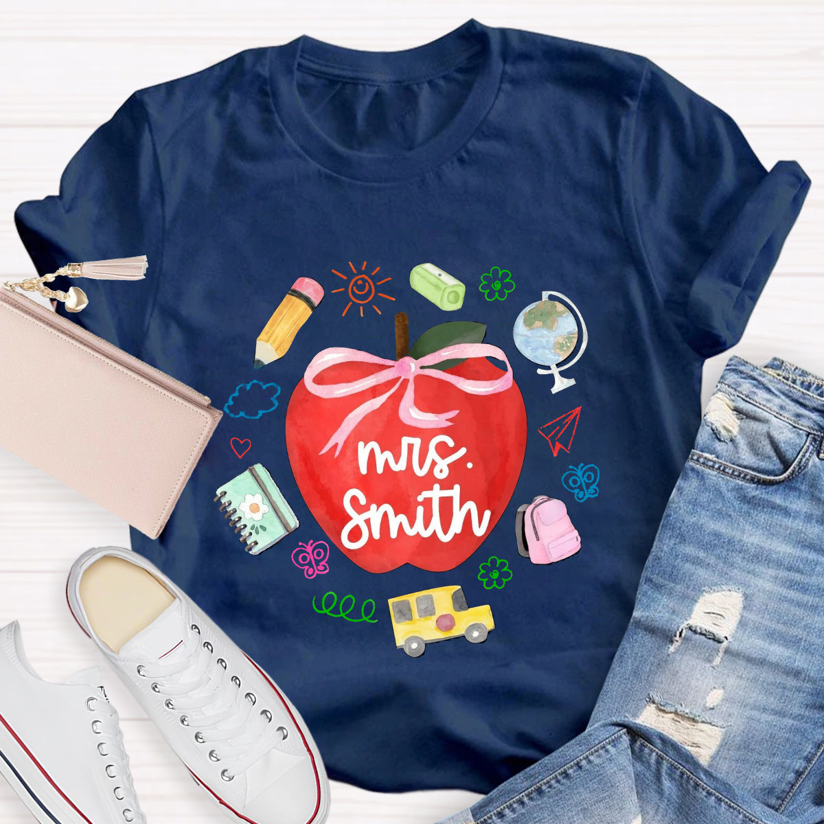 Personalized Name Red Apple Teacher T-Shirt
