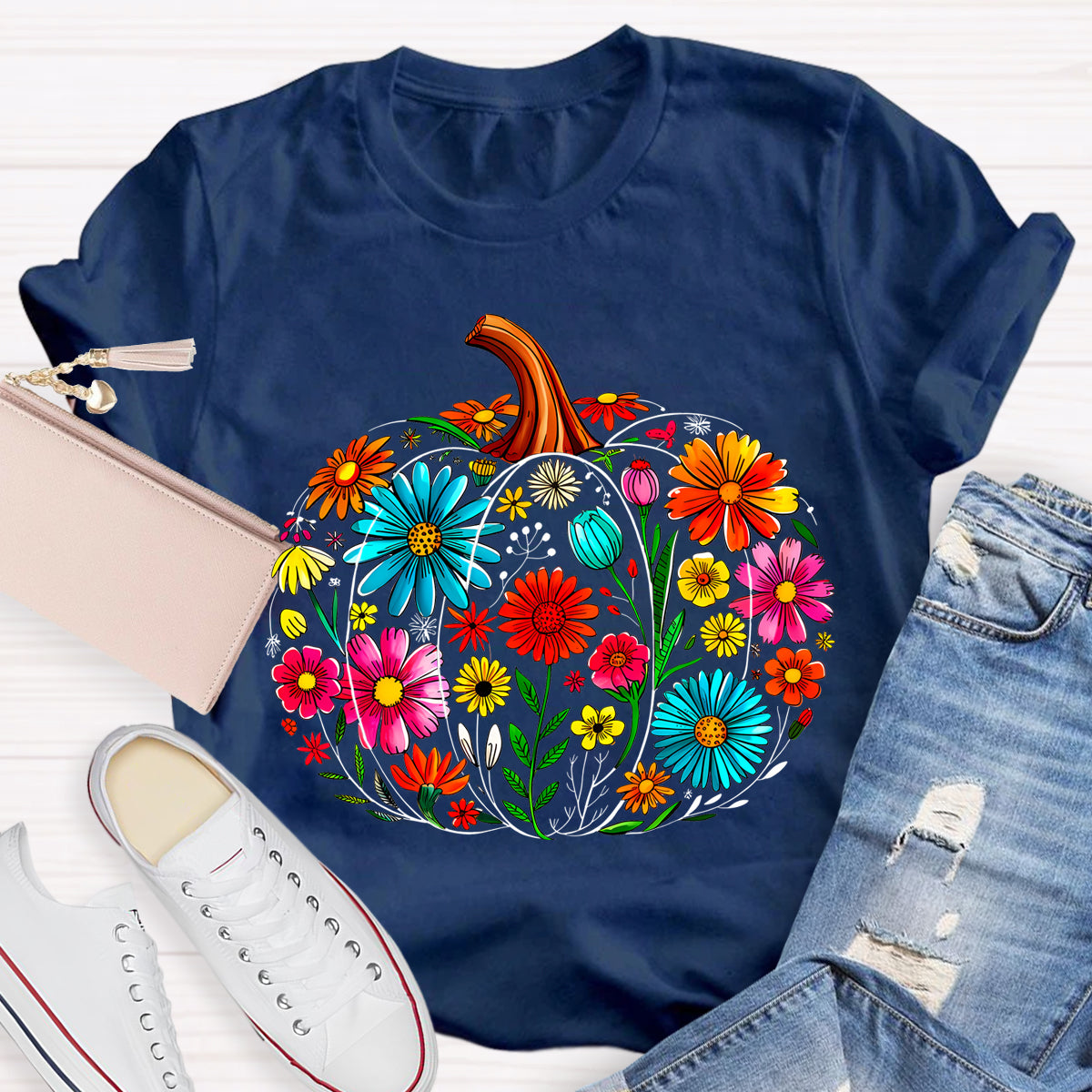 Maestra Pumpkin-Shaped Flowers Bilingual Teacher T-shirt
