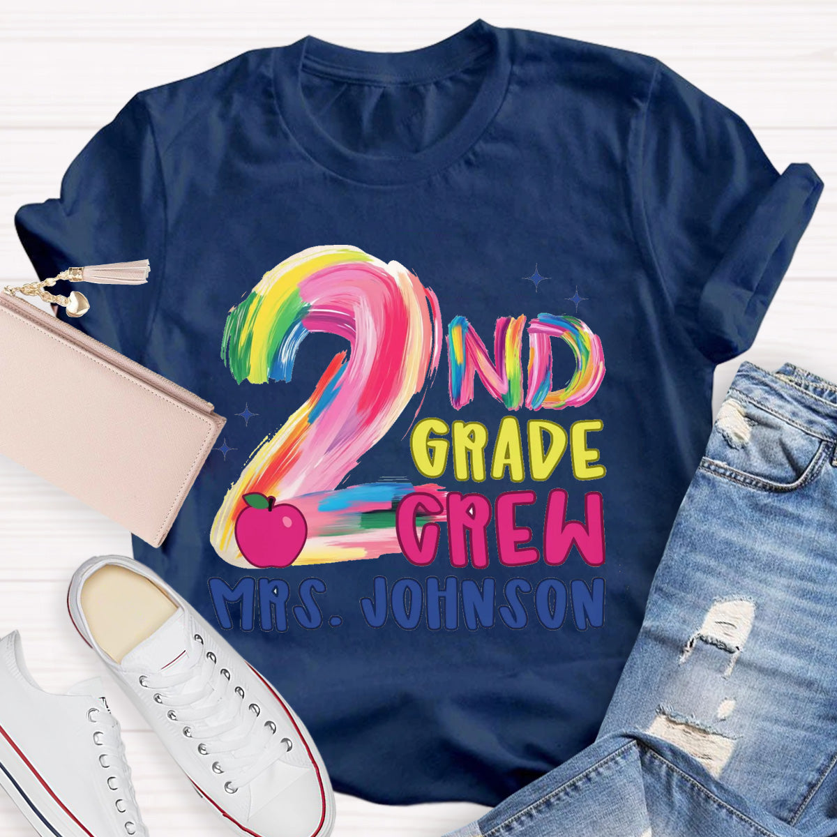 Personalized Grade And Name Pink Apple Teacher T-Shirt