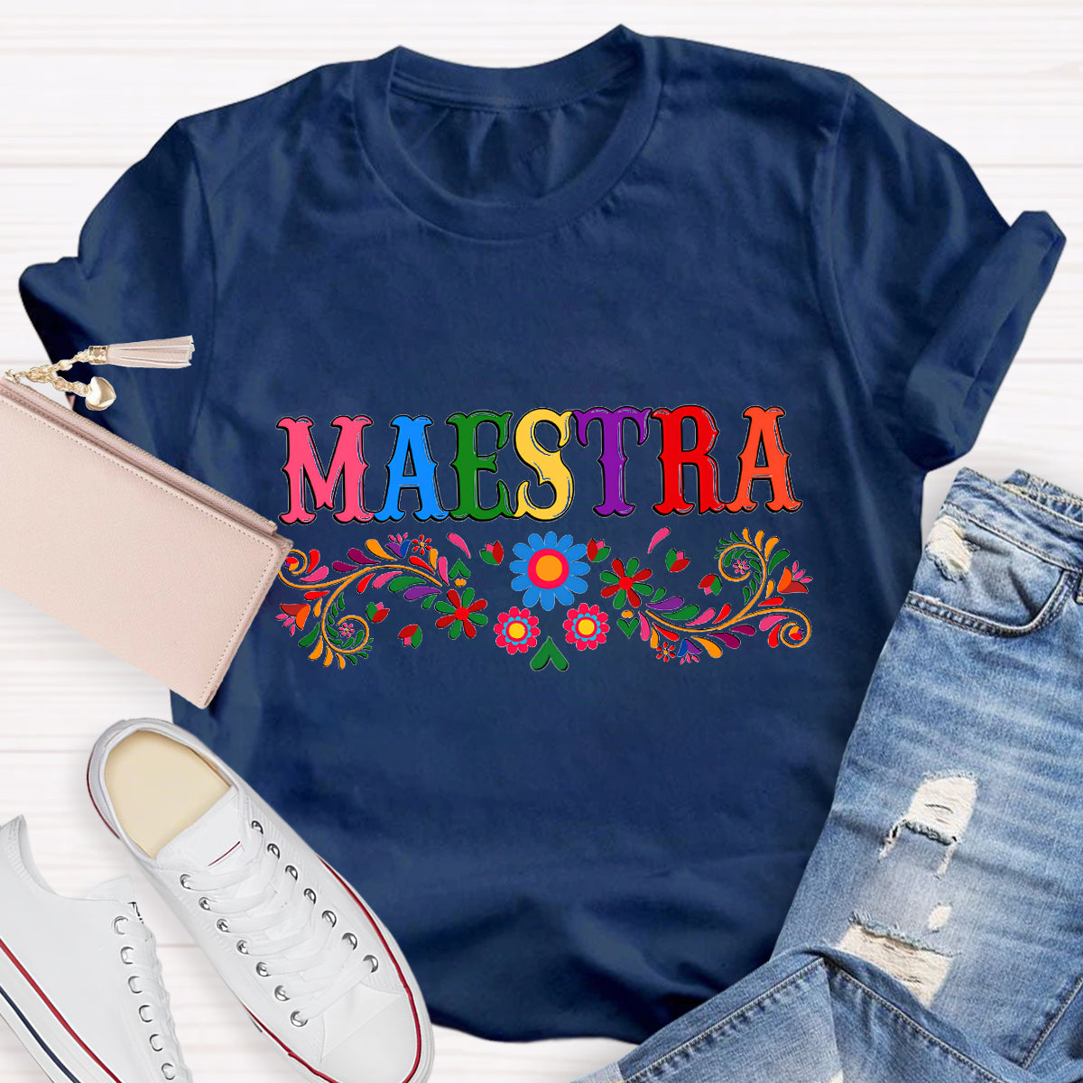 Maestra Blue Flower Teacher T-Shirt