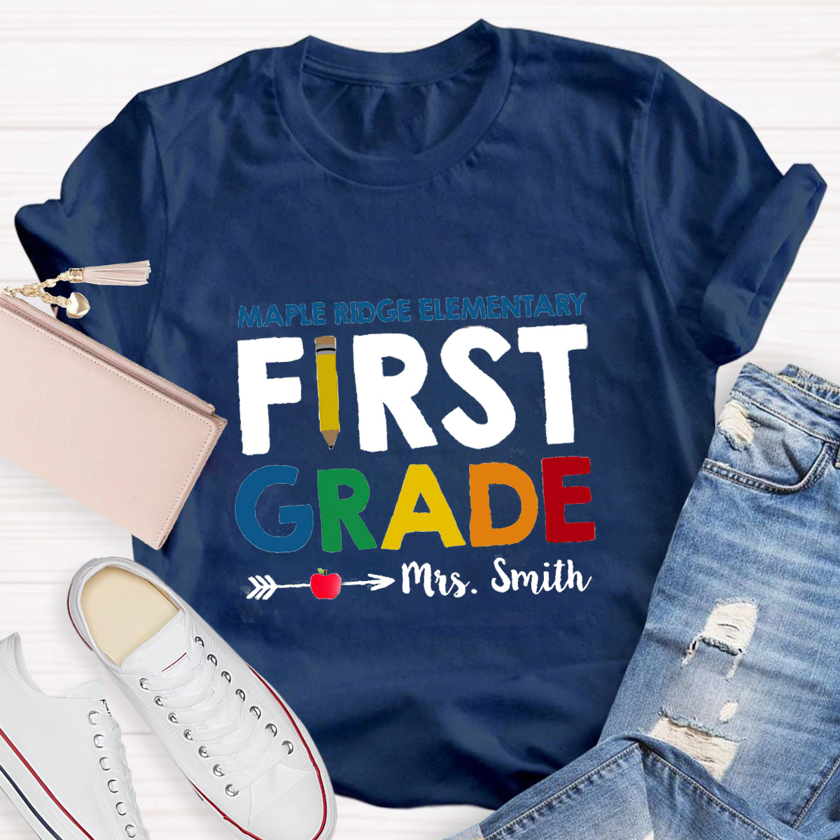 Personalized School Name Grade And Teacher Name Pencil Apple Heart T-Shirt