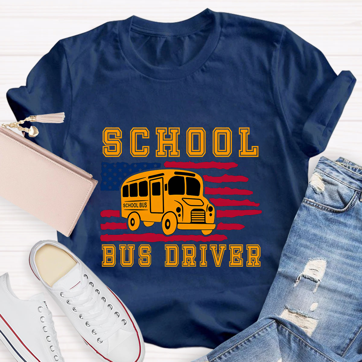 School Bus Driver US Flag T-Shirt