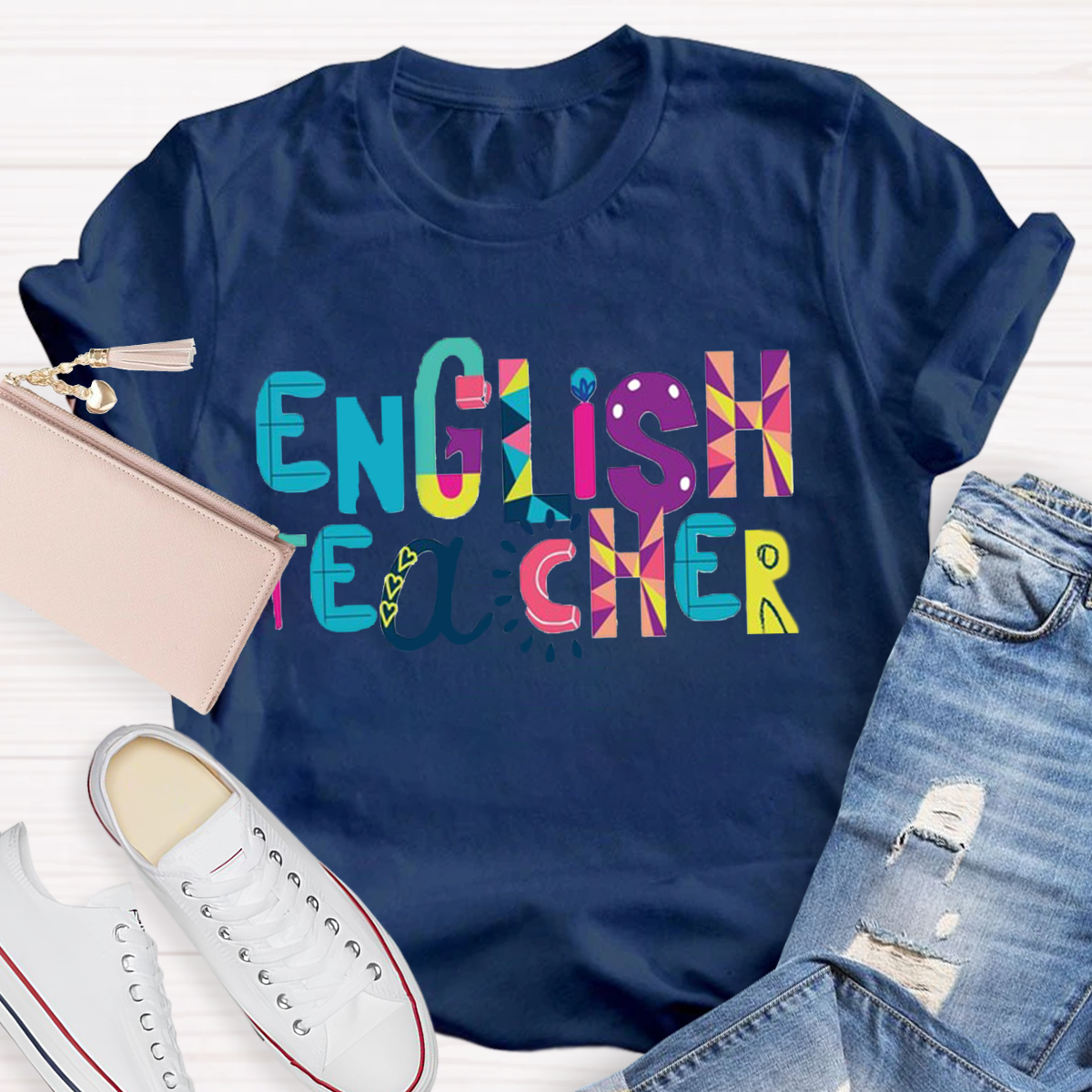 Artistic Color Block Design English Teacher T-Shirt