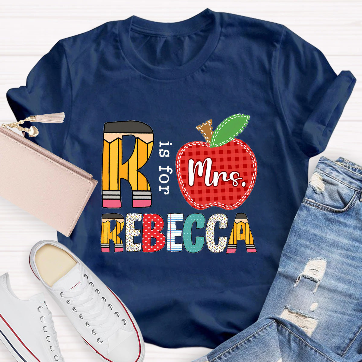 Personalized Name Red Apple R Is For Rebecca Teacher T-Shirt