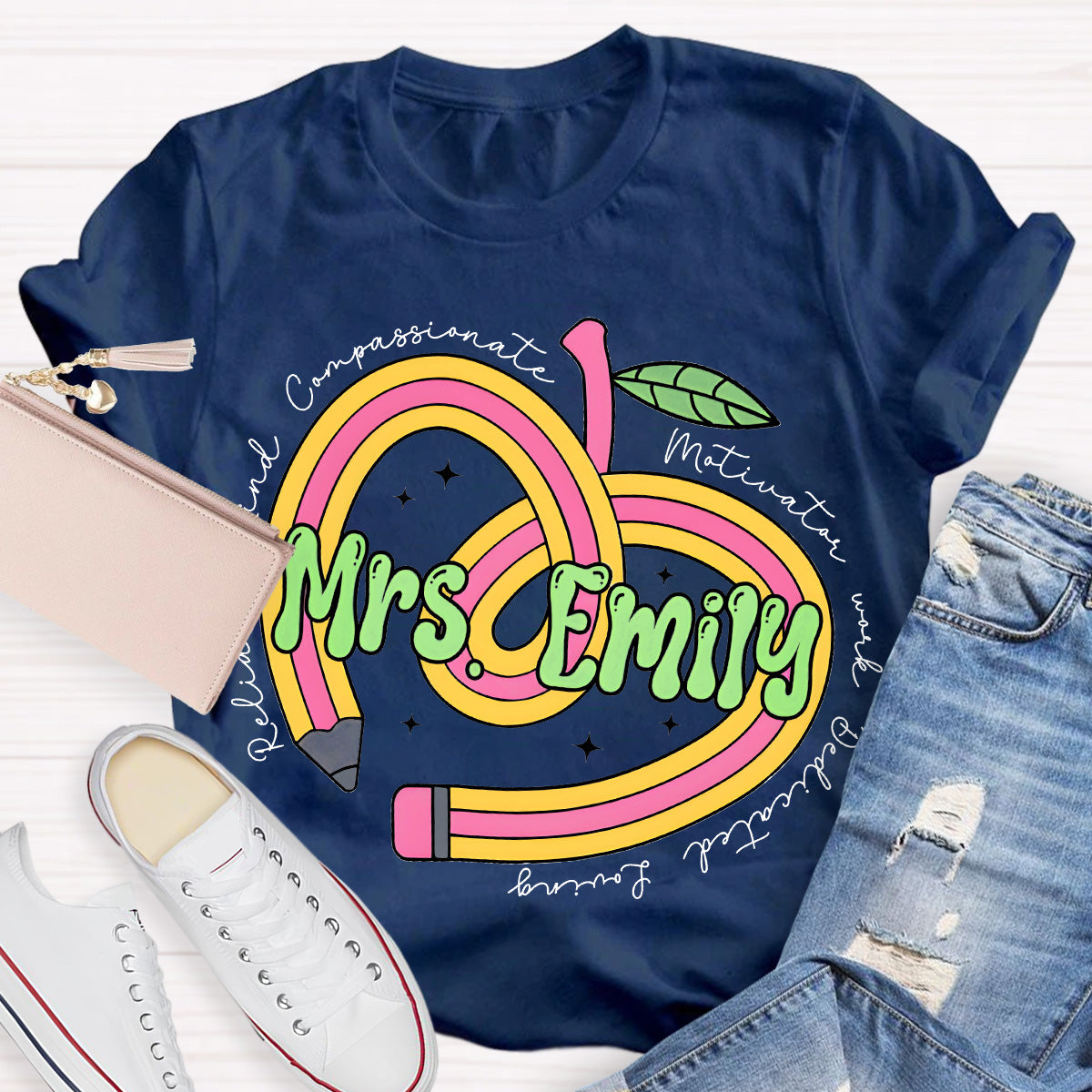 Personalize Name Reliable Kind Compassionate Pink Apple Teacher T-Shirt
