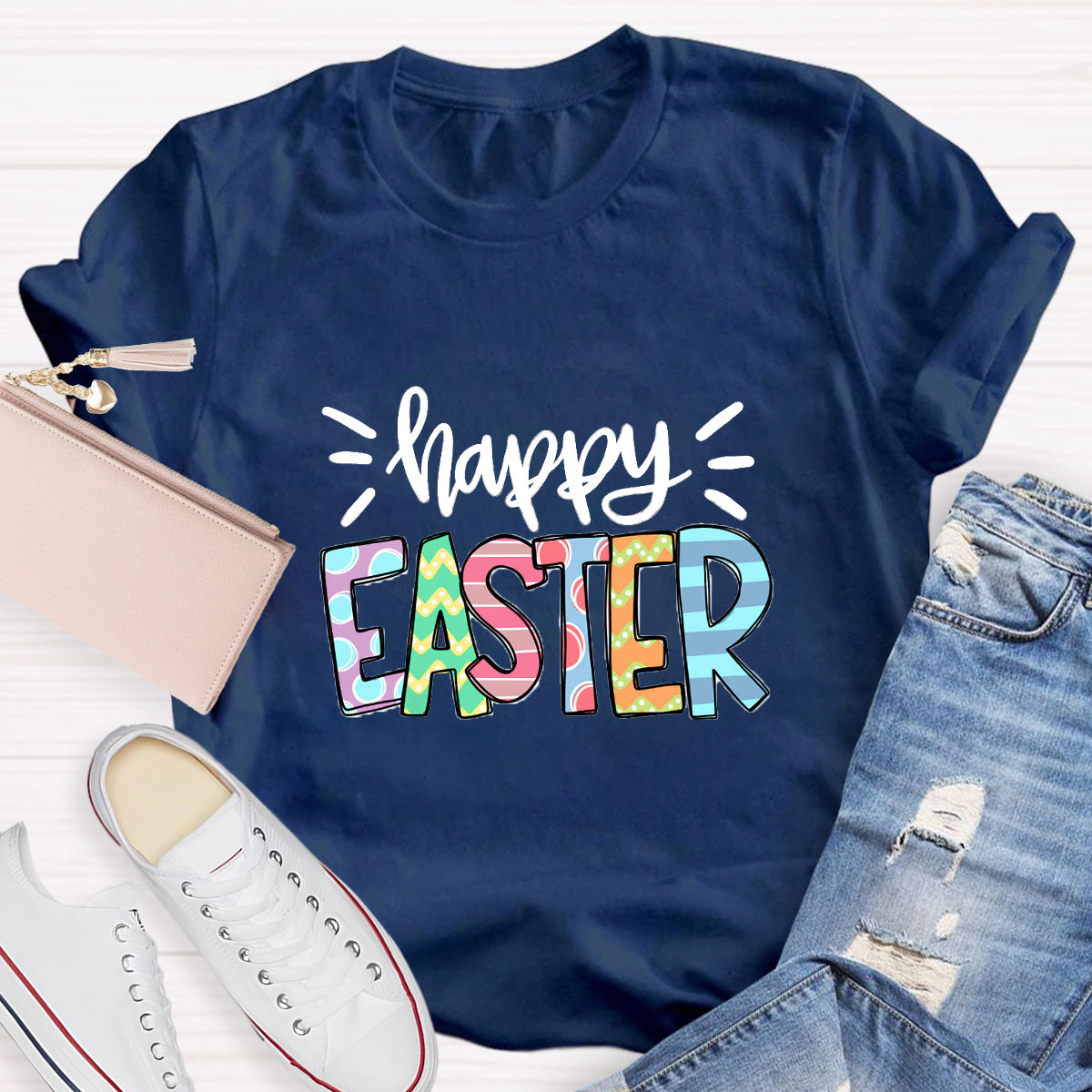 Happy Easter Colorful Printed Teacher T-Shirt