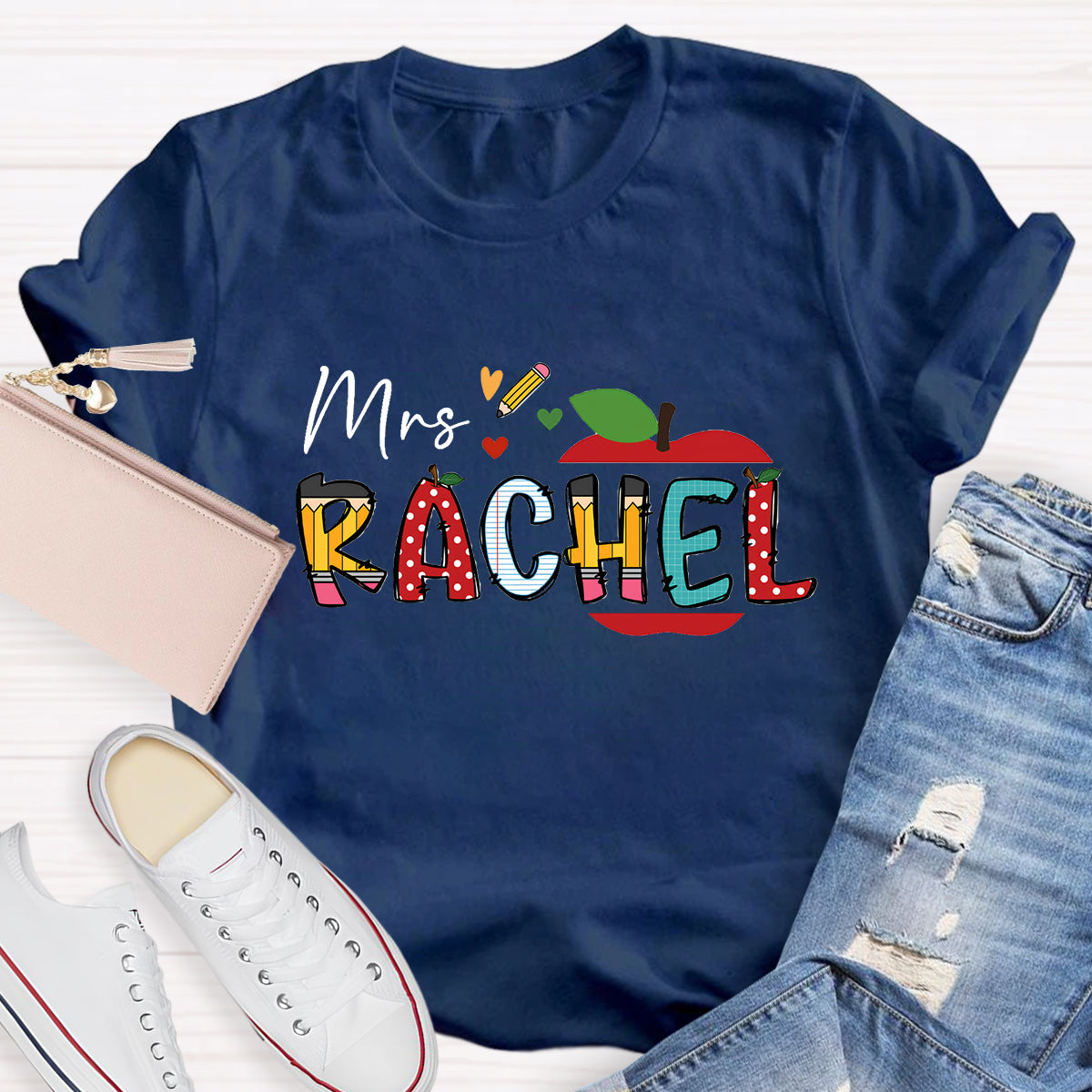 Personalized Teacher Name Apple Pencil Printed T-Shirt
