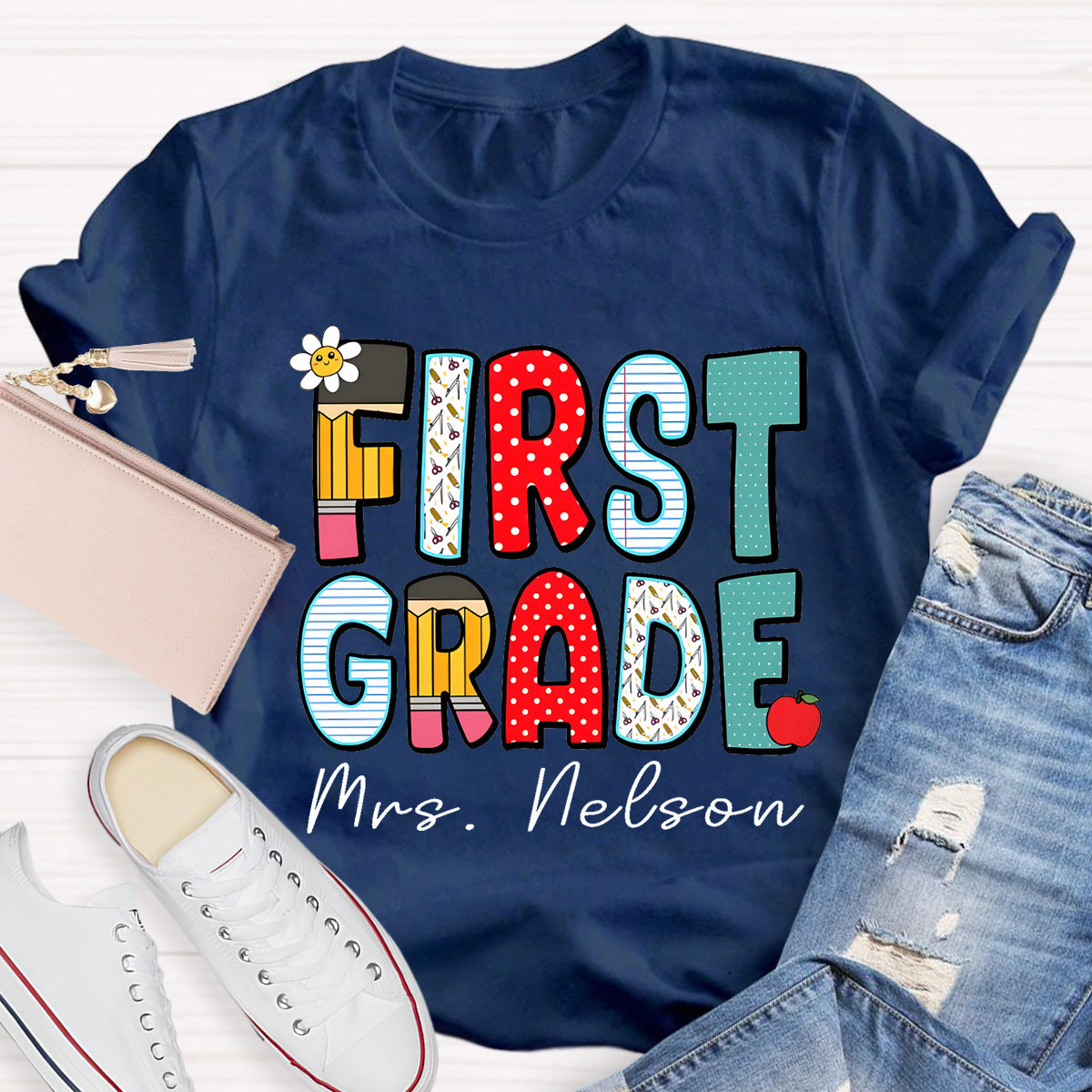 Personalized Grade And Name Back To School Dot Printed Teacher T-Shirt
