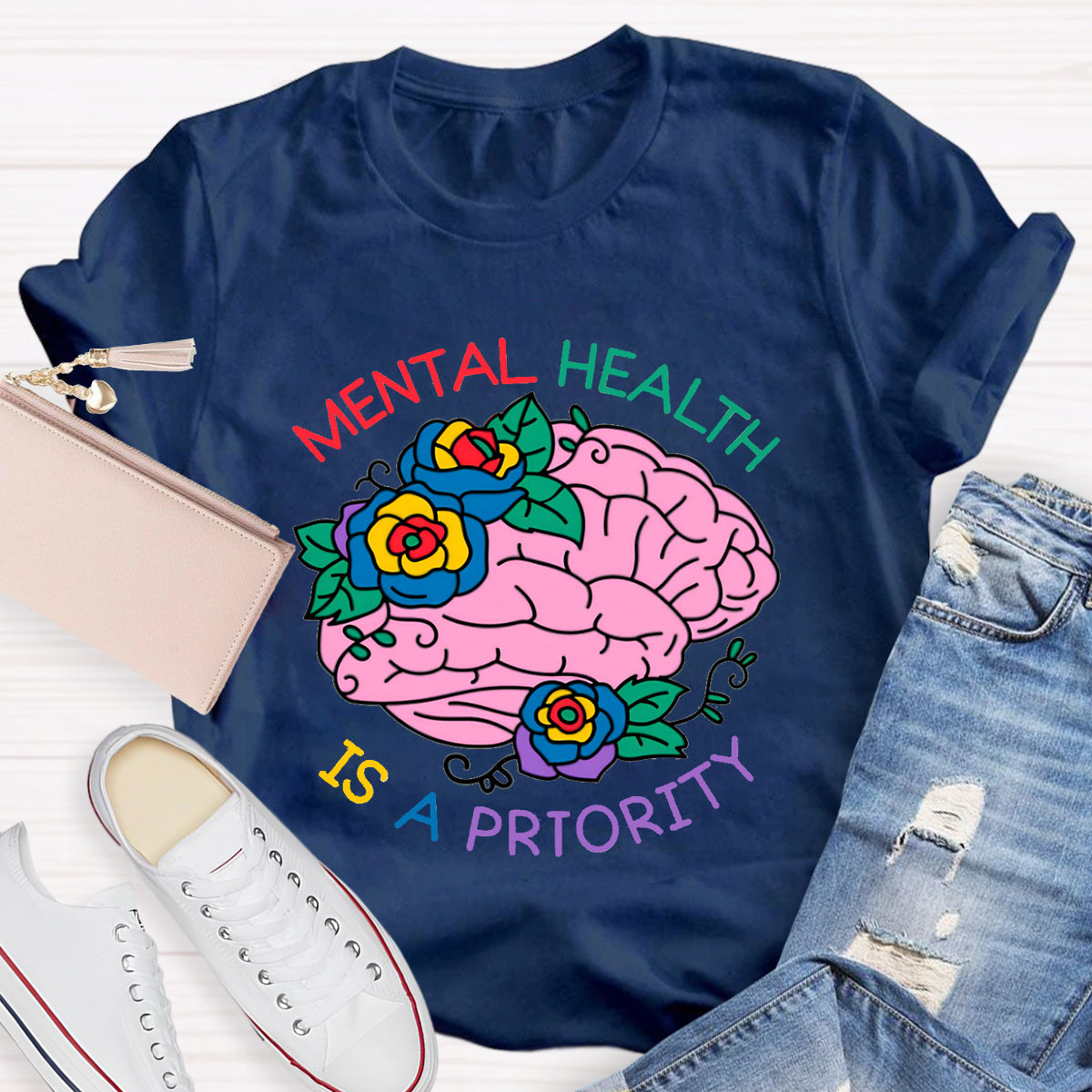 Mental Heath Is A Priority Floral Brain T-Shirt