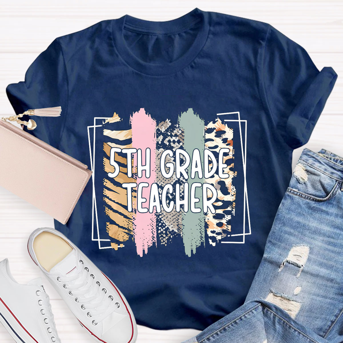 Personalized Grade Color Block 5th Grade Teacher T-Shirt