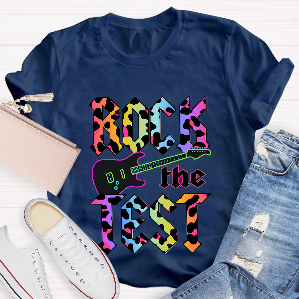 Rock The Test Colorful Leopard Print Teacher T-Shirt