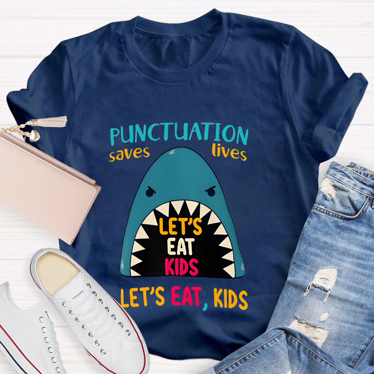 Punctuation Saves Lives The Blue Shark Teacher T-Shirt