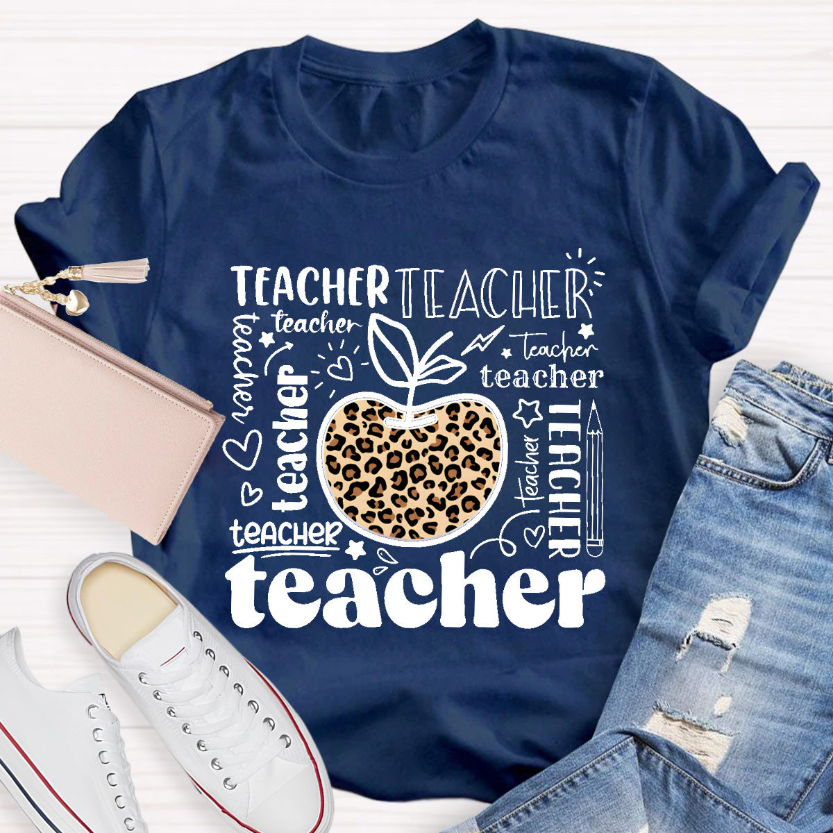 Teacher Various Fonts Various Fonts Leopard Apple T-Shirt