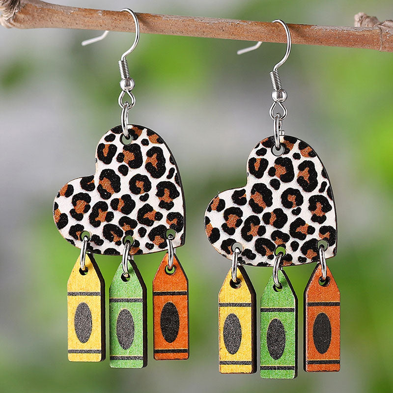 Leopard Print Heart-Shaped Crayon-Style Earrings