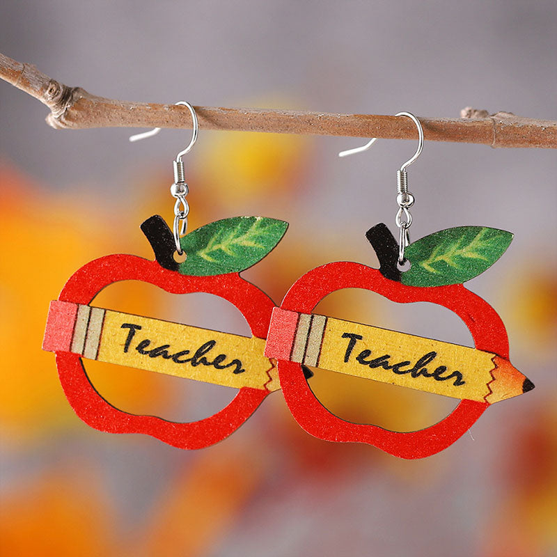 Pencil Apple Teacher Dangling Earrings
