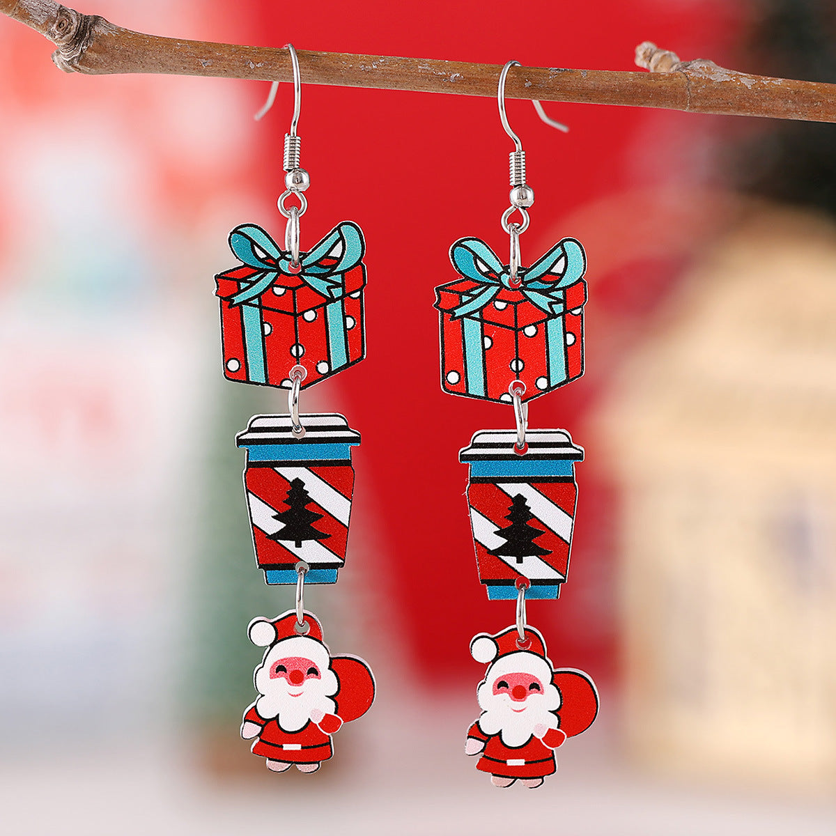 Santa Claus Christmas Tree Coffee Stitching Pendant Earrings