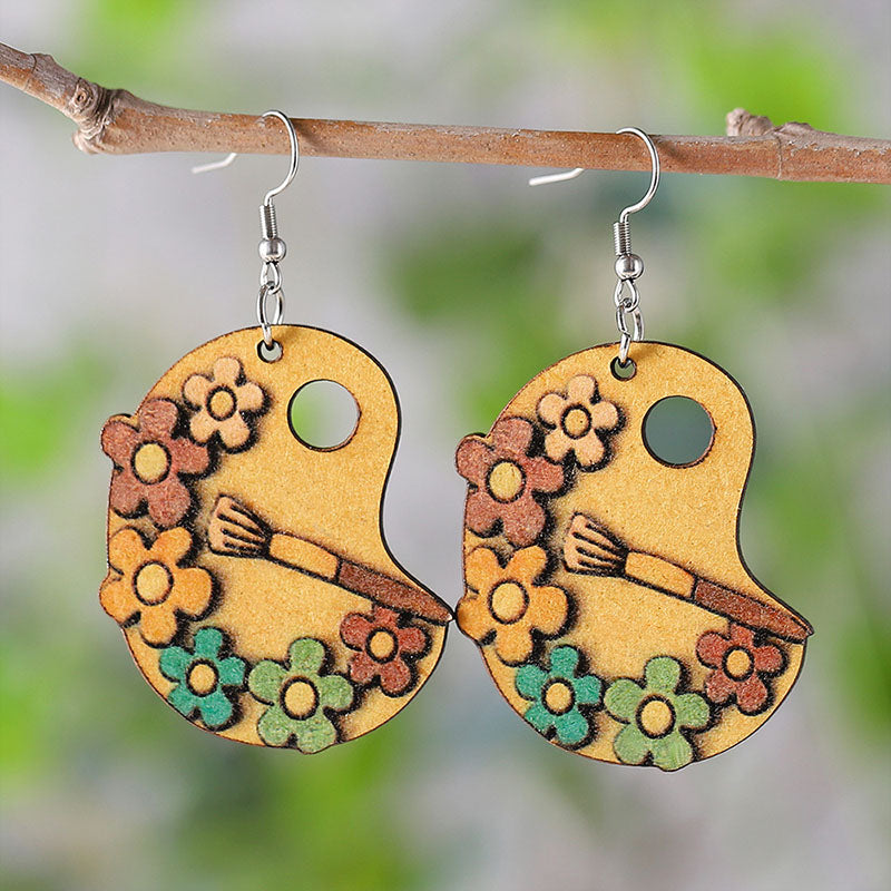 Paint Palette Paintbrushes Colorful Painting Daisy Flower Earrings
