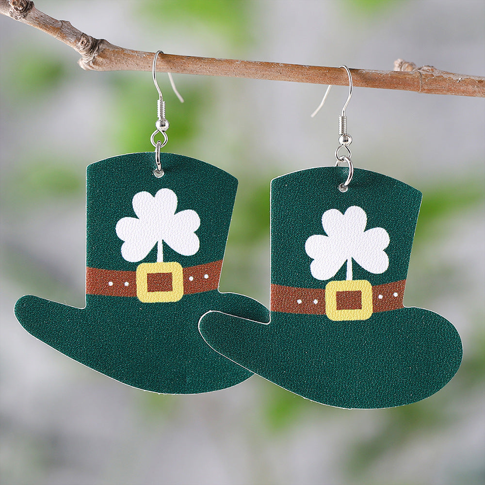 Green Shamrock Hat Pendant Earrings