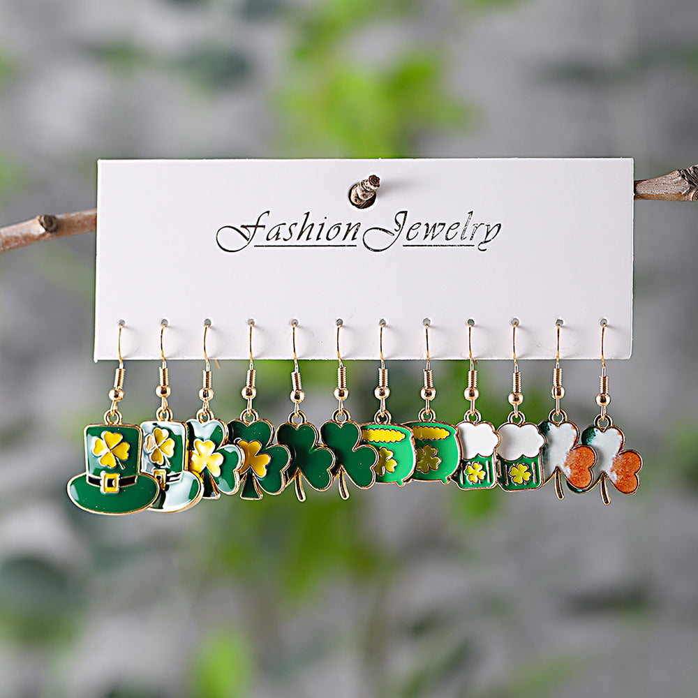 6 Pairs Of Green Clover Hats And Green Beer Earrings