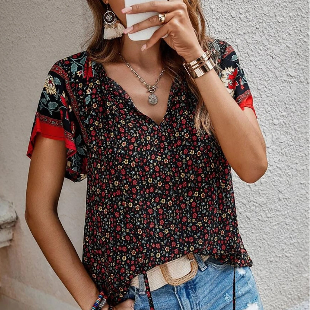 Casual Ethnic Print V-Neck Short-Sleeved Loose Shirt