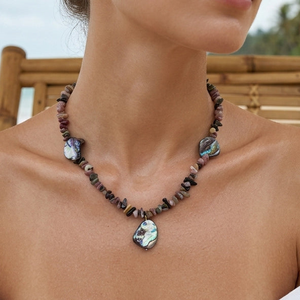 Dopamine-Style Natural Stone Beaded Necklace With Shell Pendant