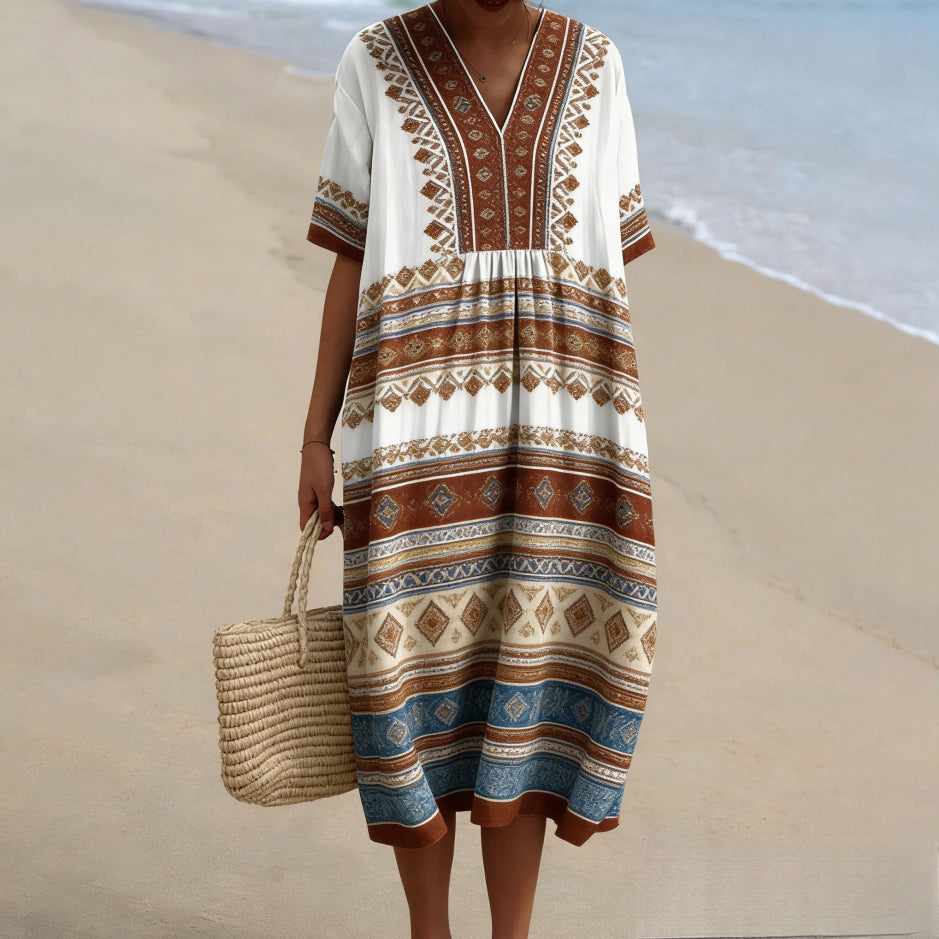 Bohemian Diamond Pattern Teacher V-neck Resort Dress