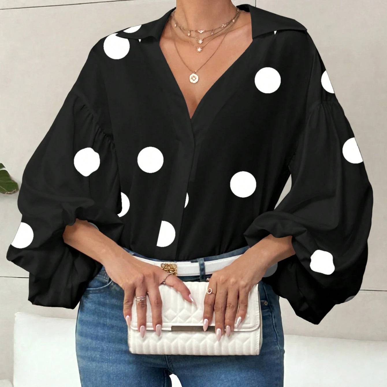 French Polka Dot Half-Open Collar Design Loose Puff Sleeve Shirt