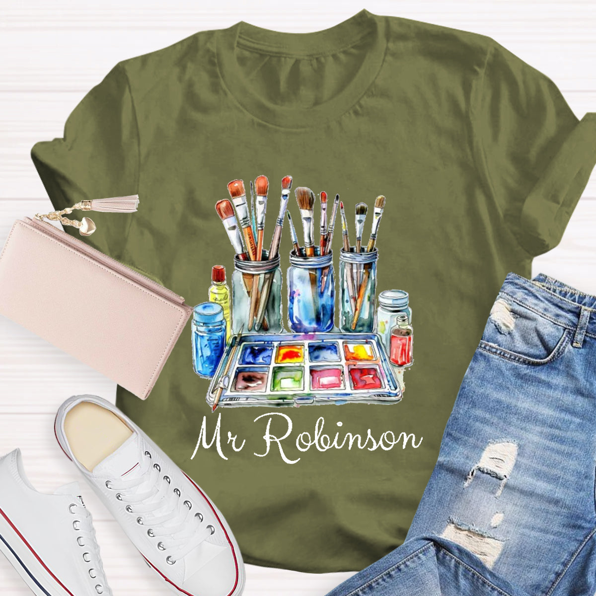 Personalized Name Painter Brush Art Teacher T-Shirt