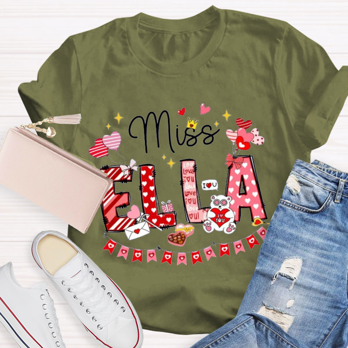 Personalized Name Valentine's Day Miss Ella Teacher T-Shirt