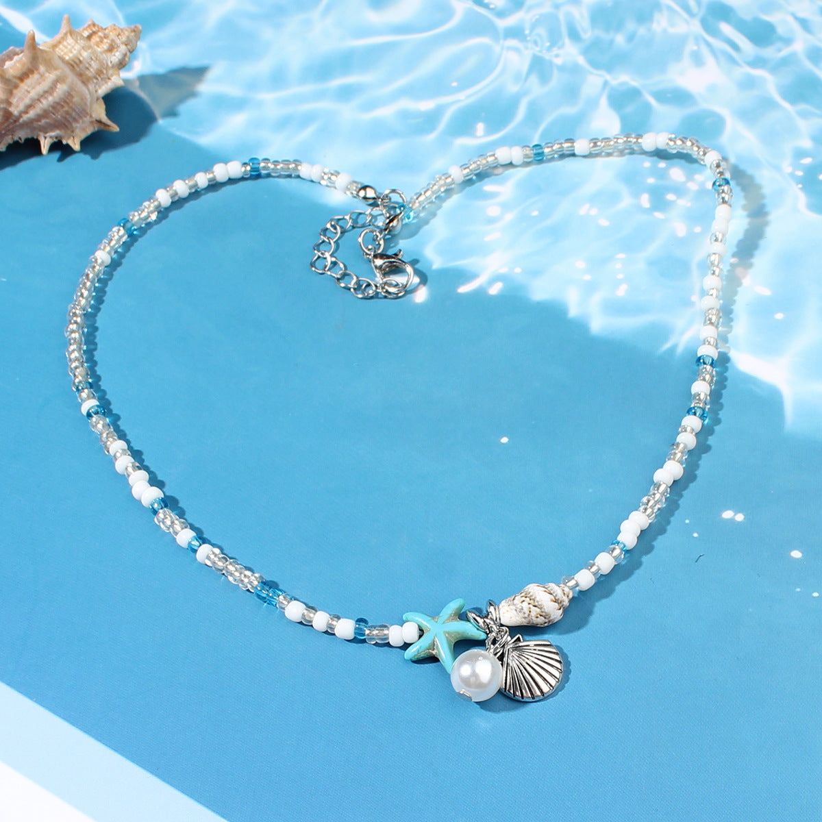 Starfish Conch  Blue Bead  And Seed Bead Necklace & Bracelet Set