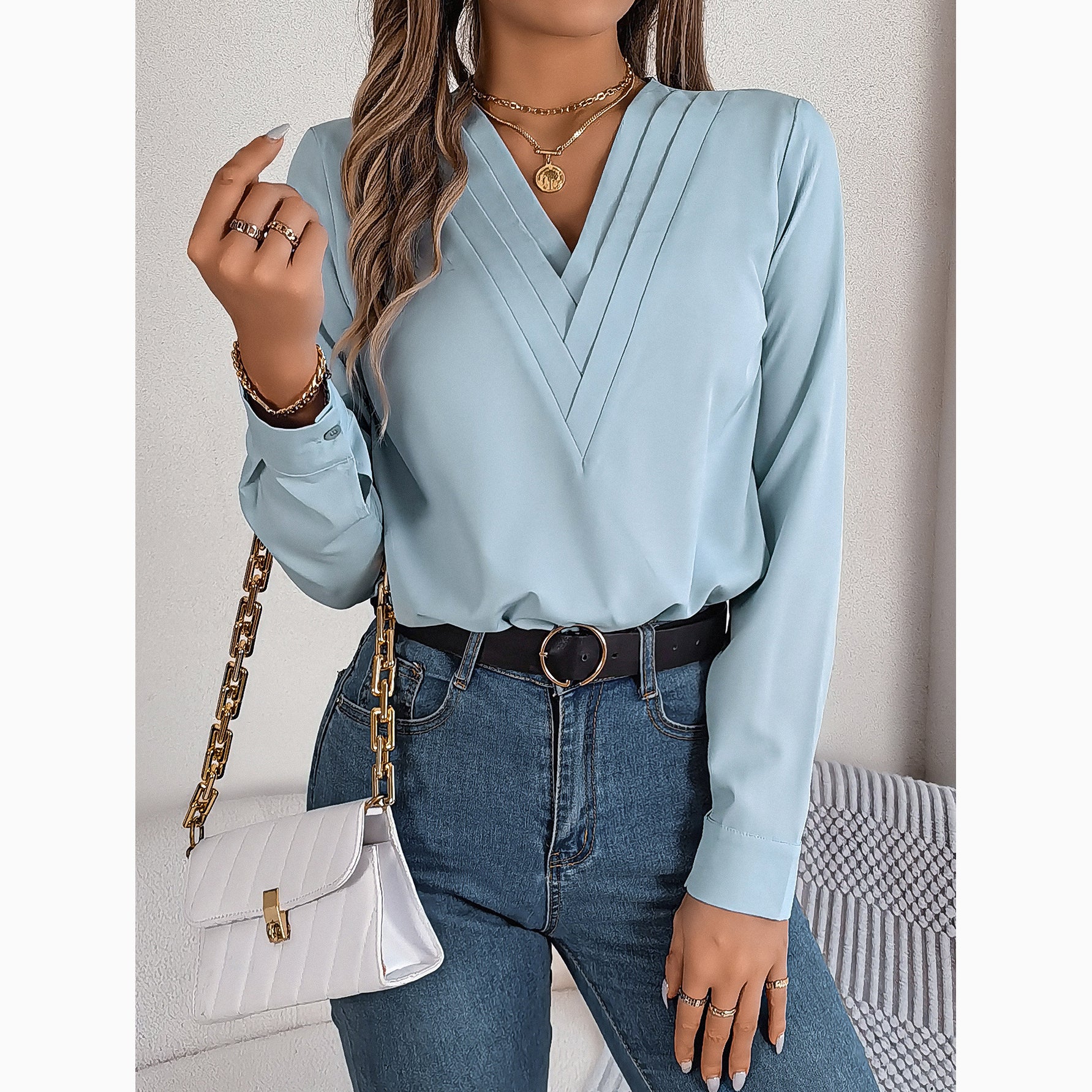 Layered V-Neck Long-Sleeved Shirt