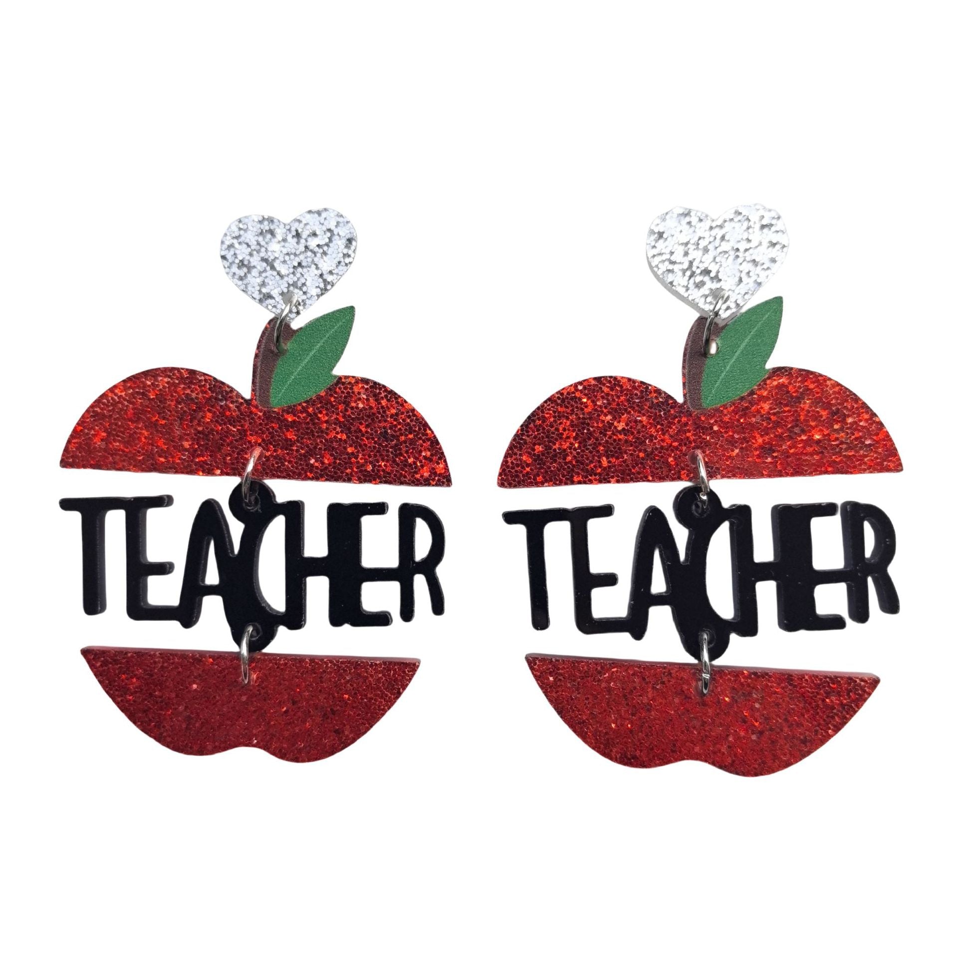 Teacher'S Day Red Apple Leaf Black And White Earrings