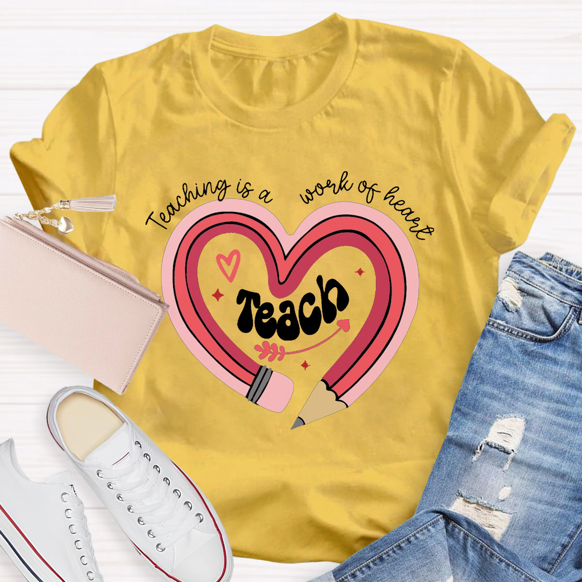 Teaching Is A Work Of Heart Pencil Teacher T-Shirt