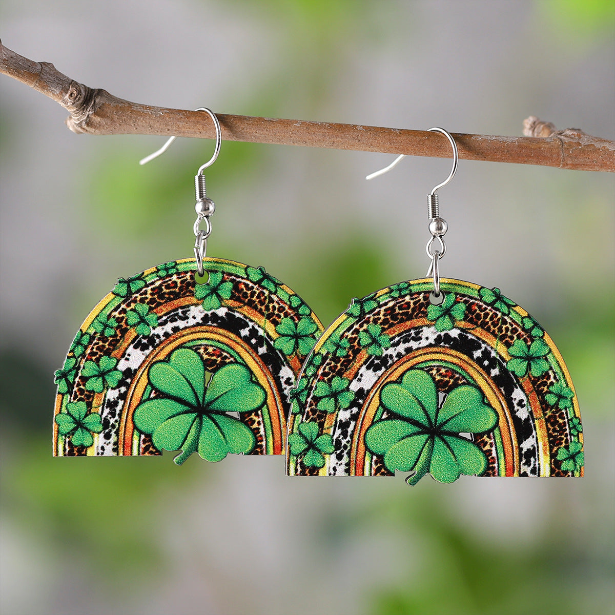 Checkered Heart-Shaped Four-Leaf Clover Earrings
