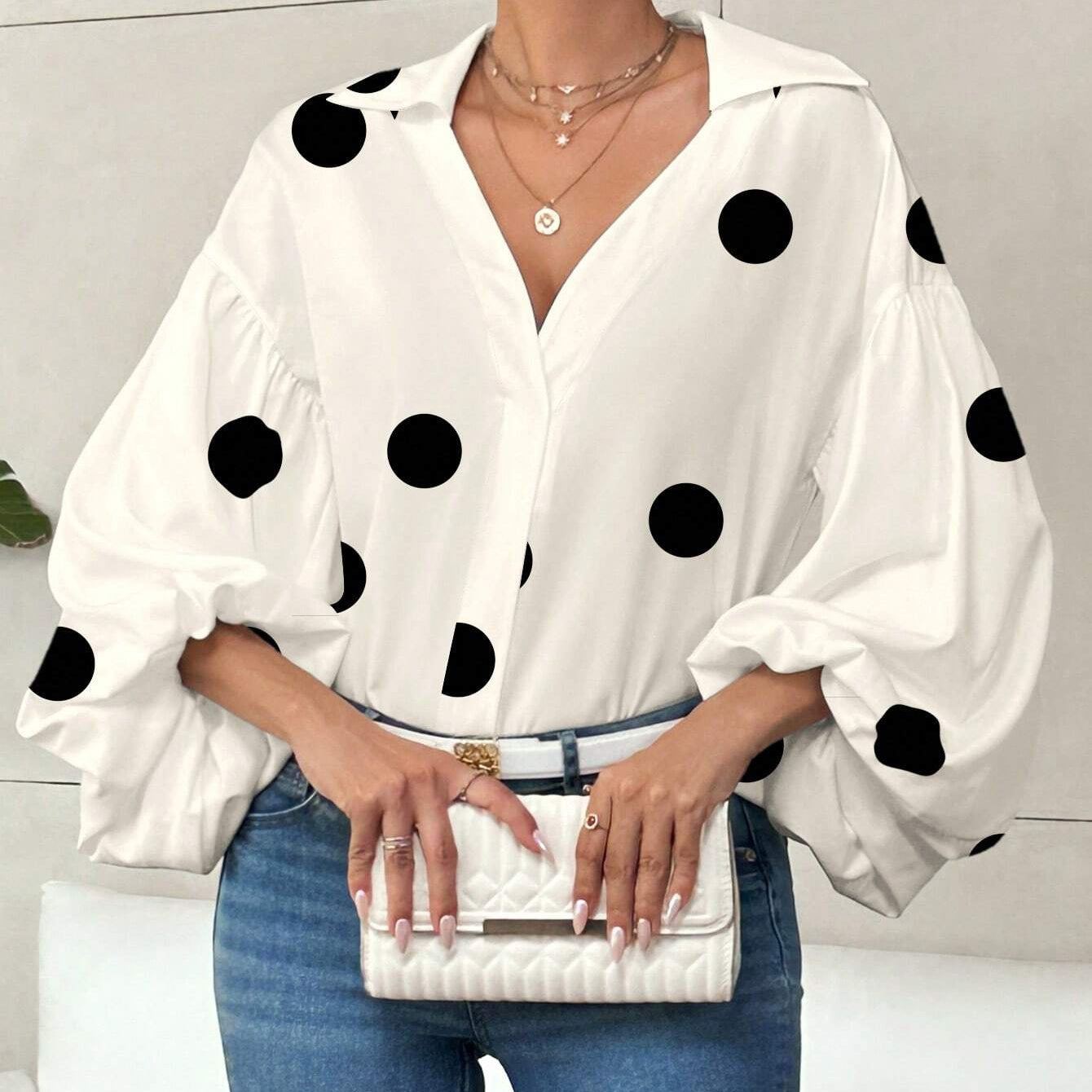 French Polka Dot Half-Open Collar Design Loose Puff Sleeve Shirt