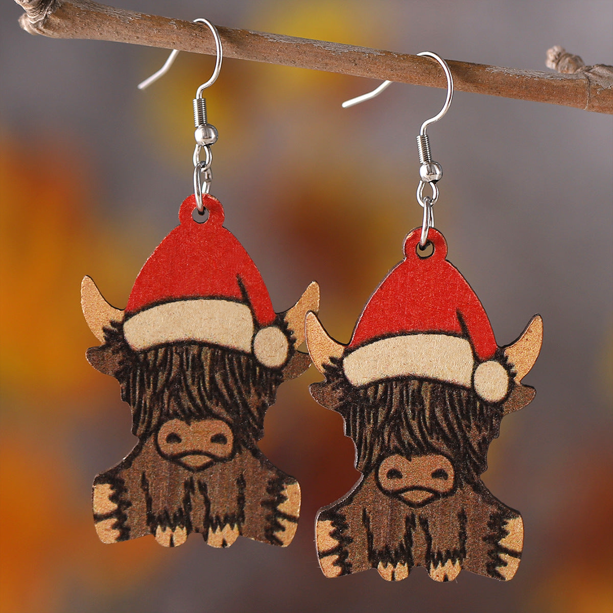 Western-style Santa Hat Alpine Cow Pendant Earrings
