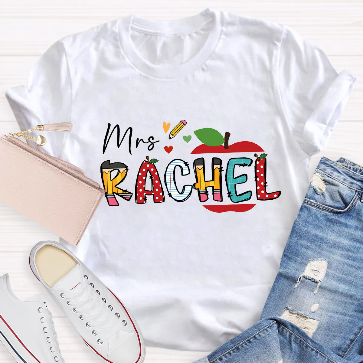 Personalized Teacher Name Apple Pencil Printed T-Shirt